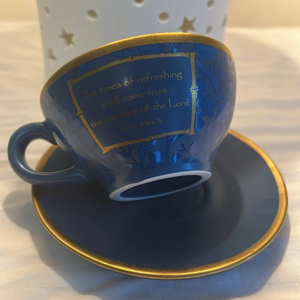 DaySpring Scripture Verse Tea Cup and saucer. Verse- Acts 3:19 KJV Blue & Gold